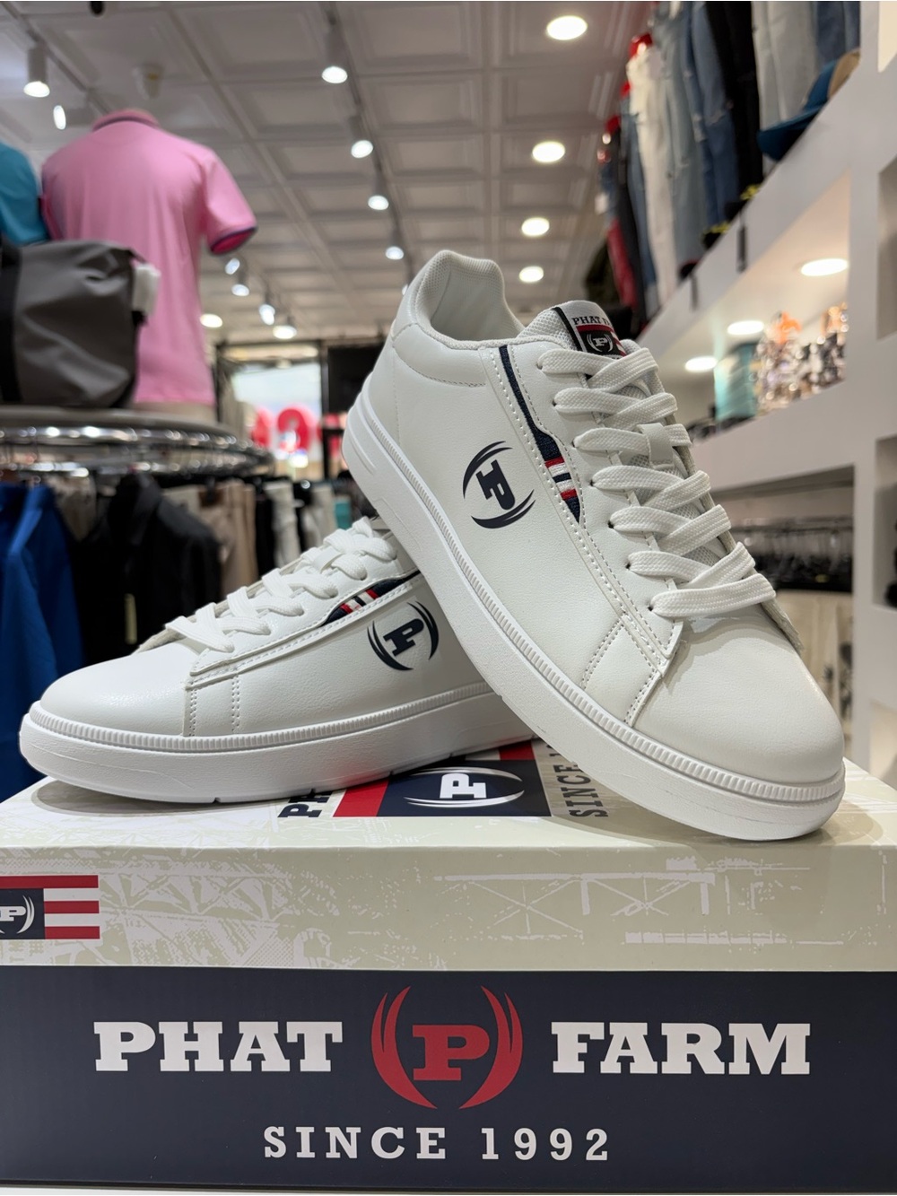 Phat Farm White Low-Top Sneakers with Navy & Red Trim